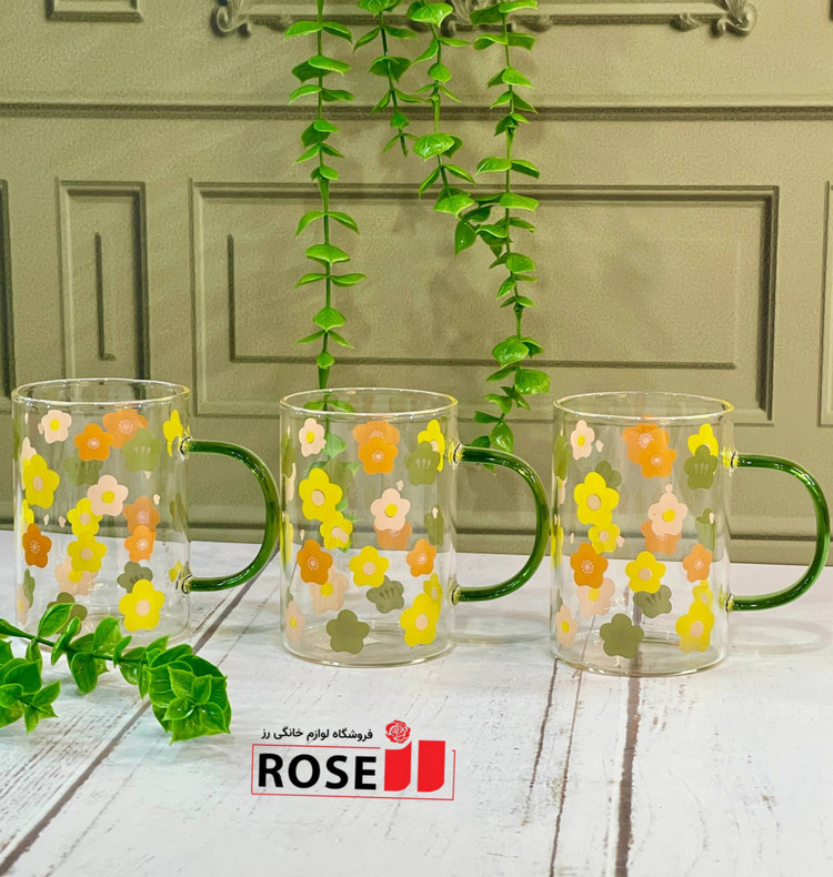 ماگ پیرکس دسته رنگی طرح گل