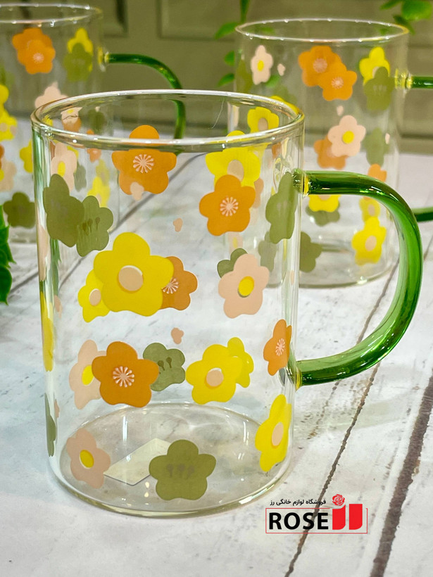 ماگ پیرکس دسته رنگی طرح گل