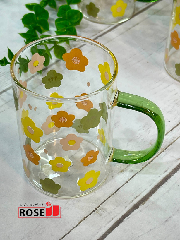 ماگ پیرکس دسته رنگی طرح گل